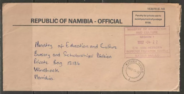 SWA Namibia Cover Katima Mulilo 20.04.1992 Official Inspector Education Hostels