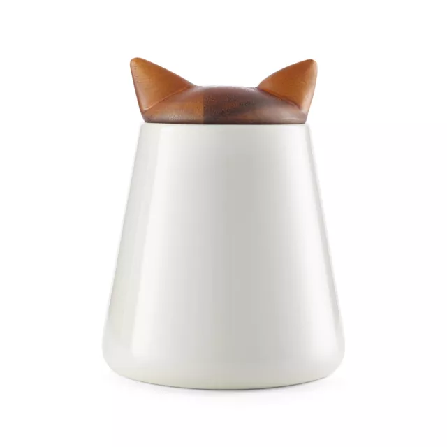 Nambe Porcelain with Acacia Wood Lid Cat Treat Jar, Kitty Ears Motif, 5.5" x 7"