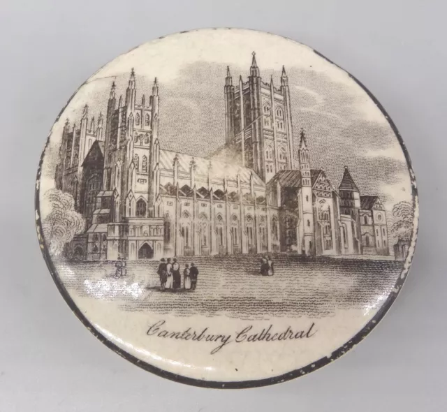 Rare 19th Century Monochrome Prattware pot lid of Canterbury Cathedral