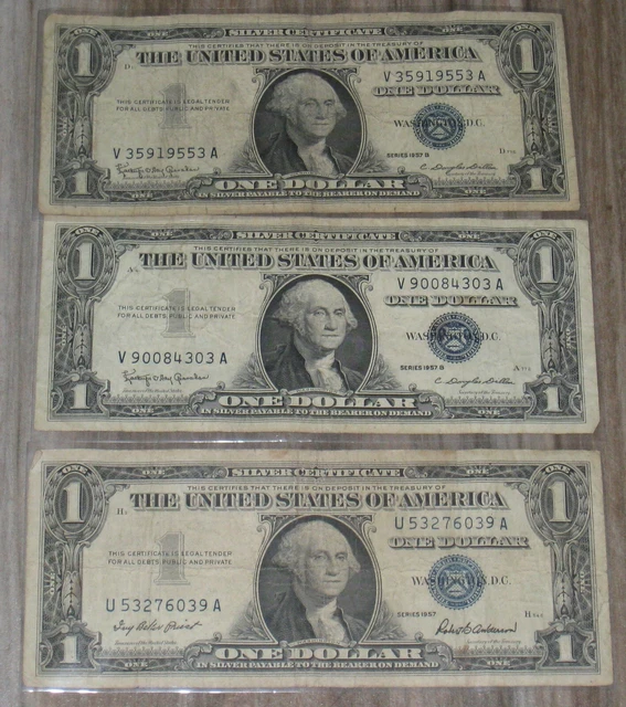 3 $1 Silver Certificates (1 1957 & 2 1957B Series) - Circulated