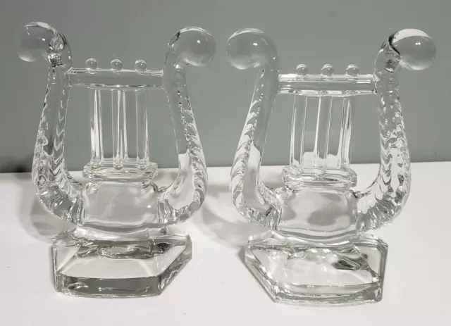 Vintage Fostoria Clear Glass Lyre Bookends Heavy Glass Harps 1940-50s Musical