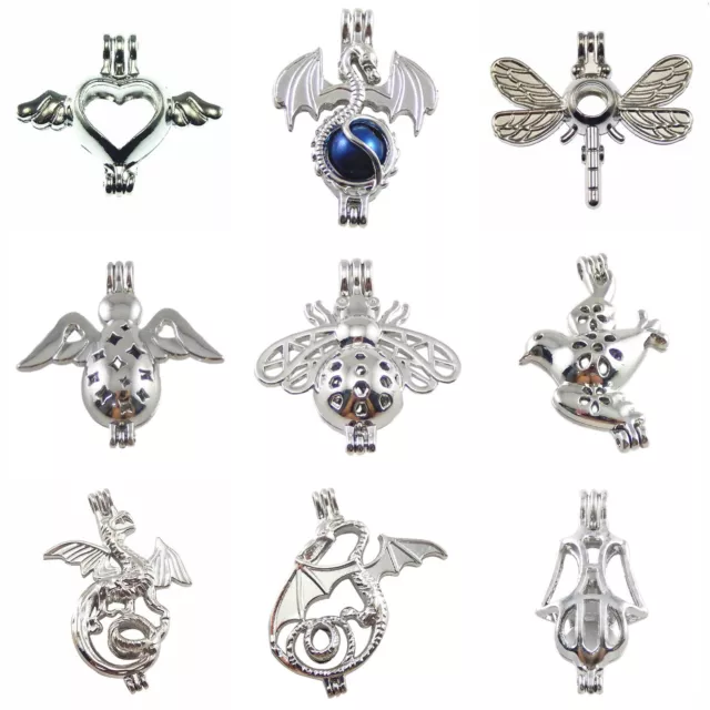 9pcs Mixed Bird Dragonfly Locket Pearl Cage Pendant for Necklace Jewelry Making