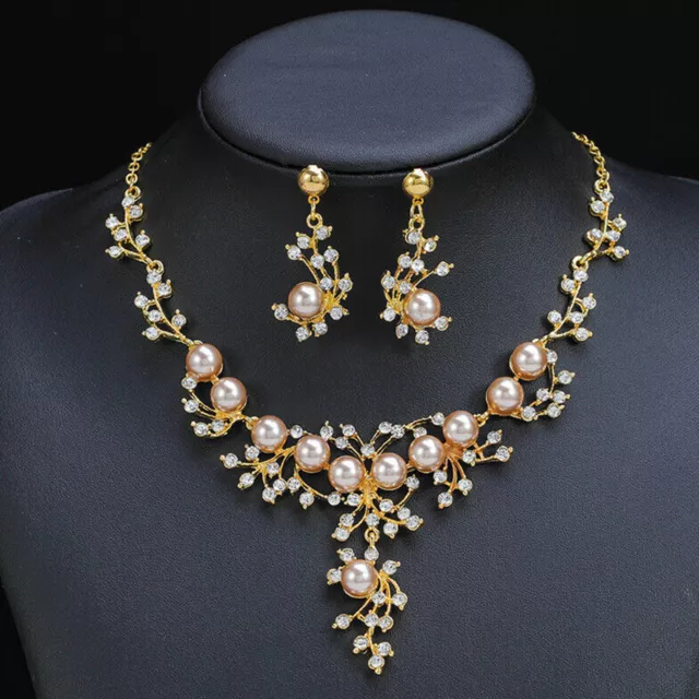 Fashion Women Pearl Inlay Rhinestone Crystal Wedding Party Necklace Jewelry Sets