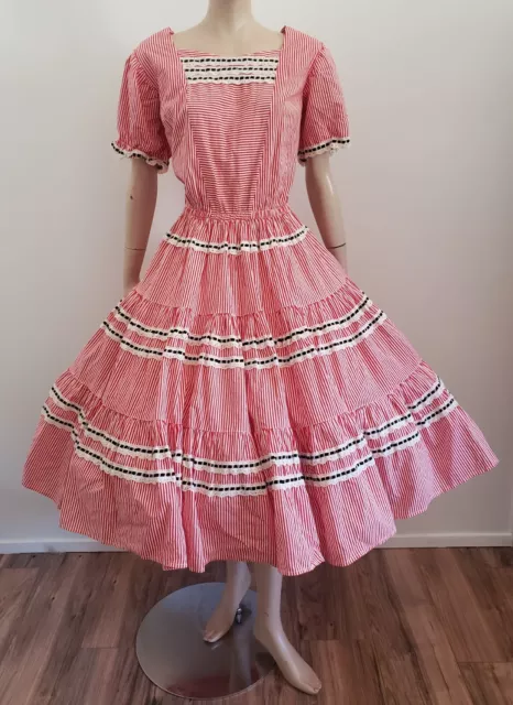 Vintage 50s 60s Fit & Flare Striped Square Dancing Dress Western Fashions sz M