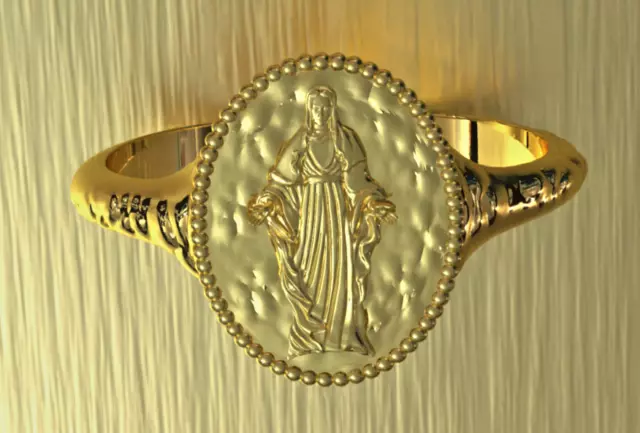 Solid 10K Yellow Gold Blessed Virgin Mary Religious Ring Signet