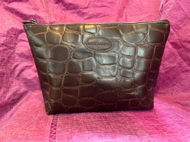 Estee Lauder Faux Croc Alligator Make Up Bag Pouch Brown
