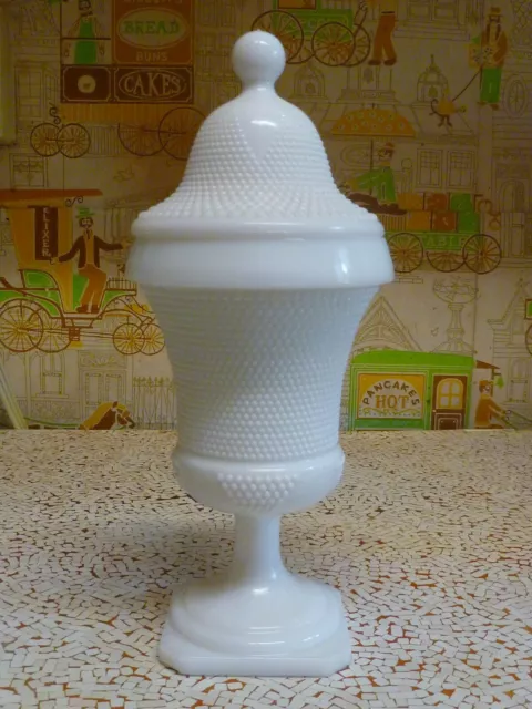Vintage L.E. Smith Micro Hobnail Milk Glass Lidded Urn Pedestal Covered Jar