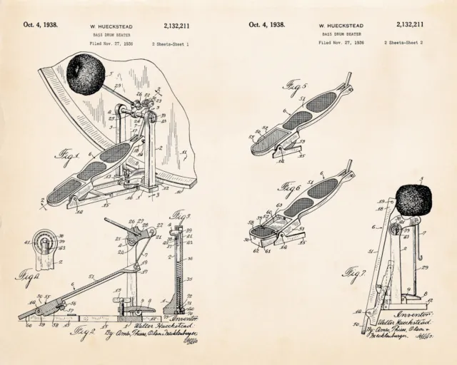 1938 Ludwig Speed King Bass Drum Pedal Twin Spring Patent Print Gift For Drummer