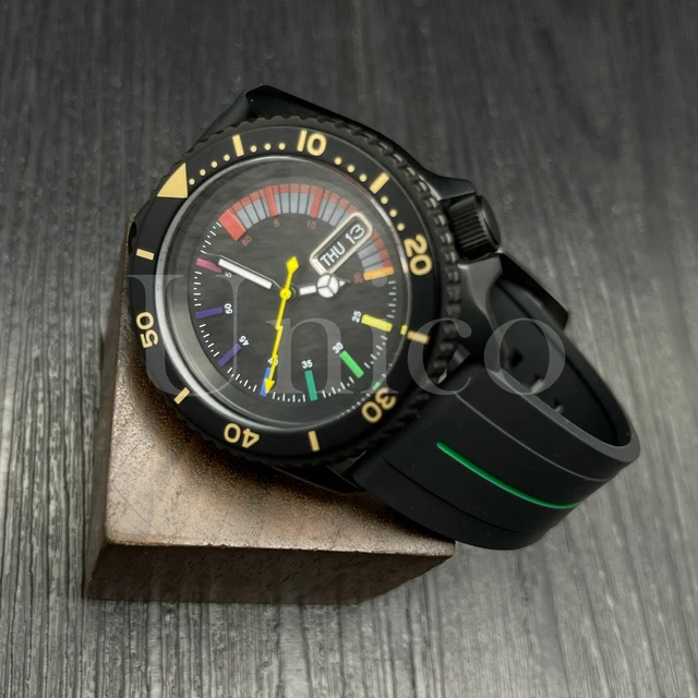Custom Made Mods Watch SKX Style NH36 Auto Movement BK/GD C Rainbow Hours BLK/GN