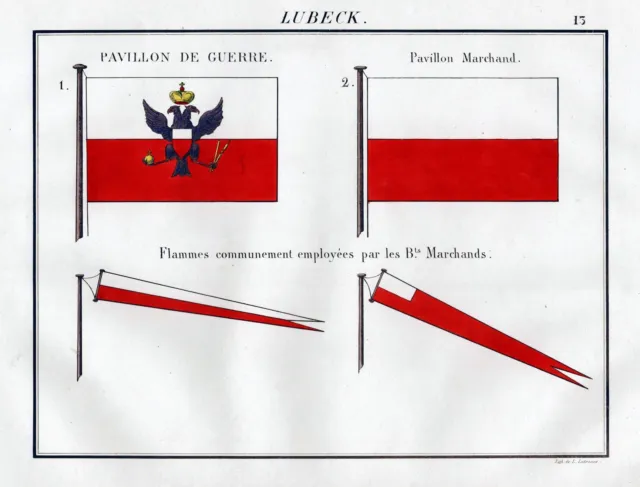 Lübeck Fahne Flagge Marine naval flag maritime Lithographie 1820