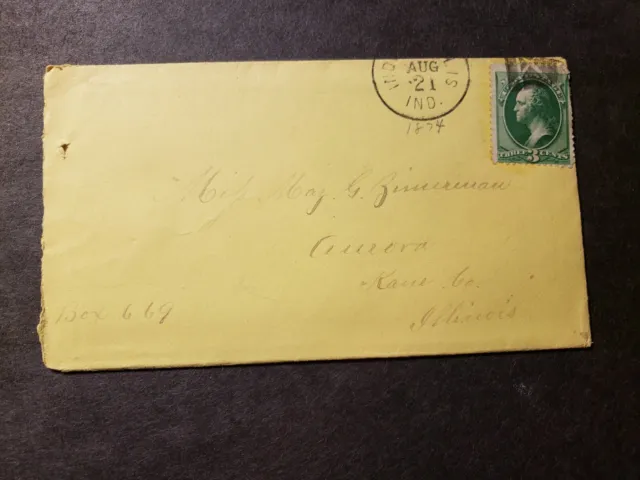 1874 INDIANAPOLIS, IN to AURORA, IL Postal History Cover KANE County w/ letter
