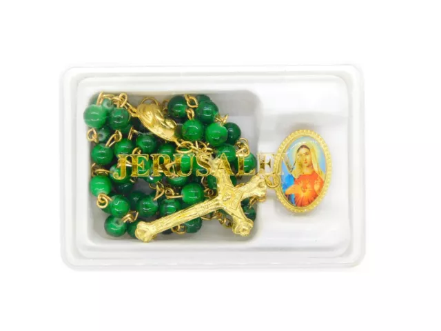 Green Crystal Glass Beads Rosary With Virgin Mary Lapel Pin Holyland Jerusalem