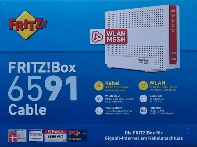 AVM FRITZ!Box cavo router wireless EuroDOCSIS 4x GLAN DECT 2533 MBts MESH WPS IMBALLO ORIGINALE