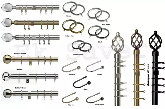 Extendable 25-28mm Metal Curtain Pole Set With Finials Rings & Fittings