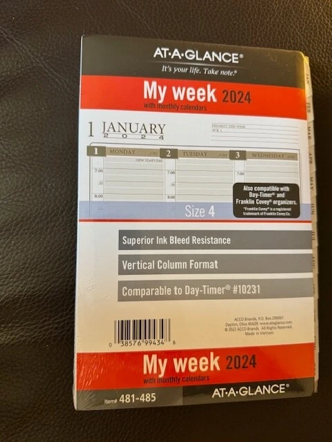 AT-A-GLANCE 2024 COLUMN Style Weekly Monthly Planner Refill Loose-Leaf