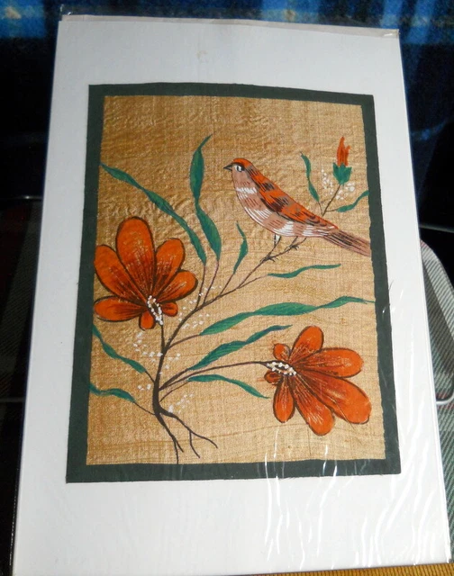 INDIAN Raw Silk  hand Painted on blank CARD * stands or frame  single bird