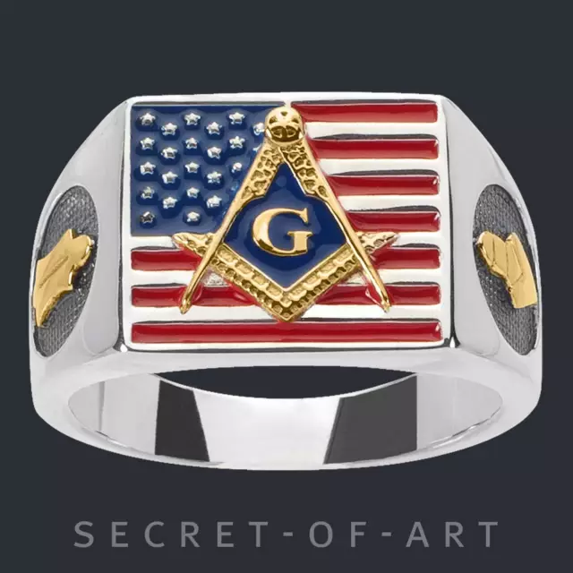 Masonic Ring Silver 925 America USA Freemason Signet Master Mason Gold Plated