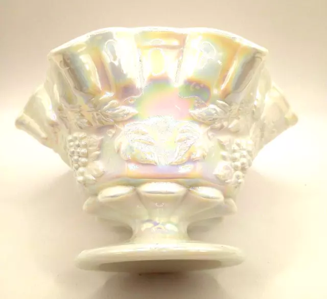 VTG Westmoreland Grape and Panel White Milk Glass Iridescent Footed Ruffled Bowl