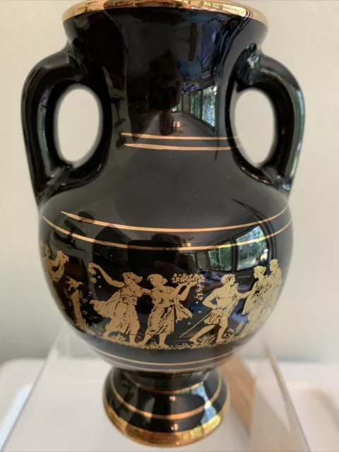 Greek Mythology Black 24K Gold Accents Double Handled Vase Handmade Greece 5”