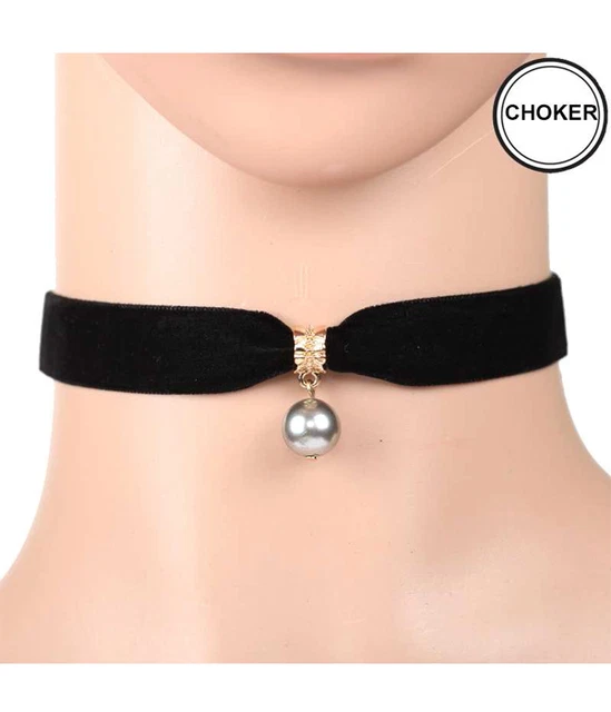 CHOKER Black Velvet Gray Faux Pearl Dangle Charm 12" Choker Necklace