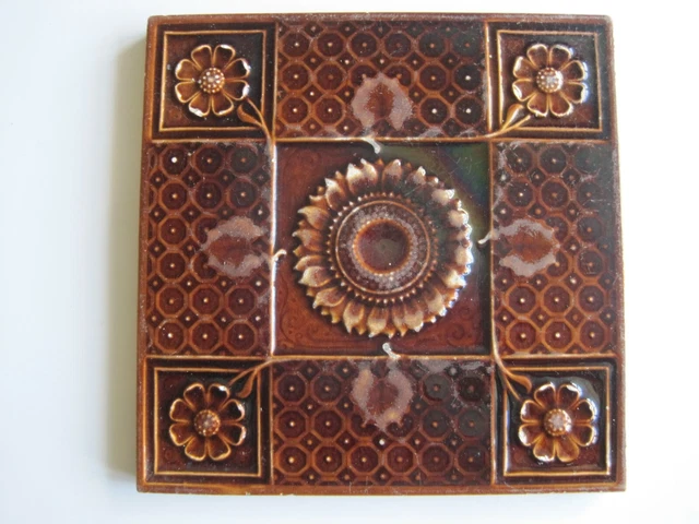 Antique Victorian Moulded  Majolica 8" Square Minton's Wall Tile C1868-1900