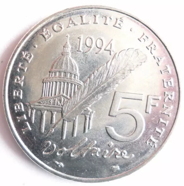 1994 FRANCE 5 FRANCS - VOLTAIRE - High Quality Coin - FREE SHIP - Bin #707