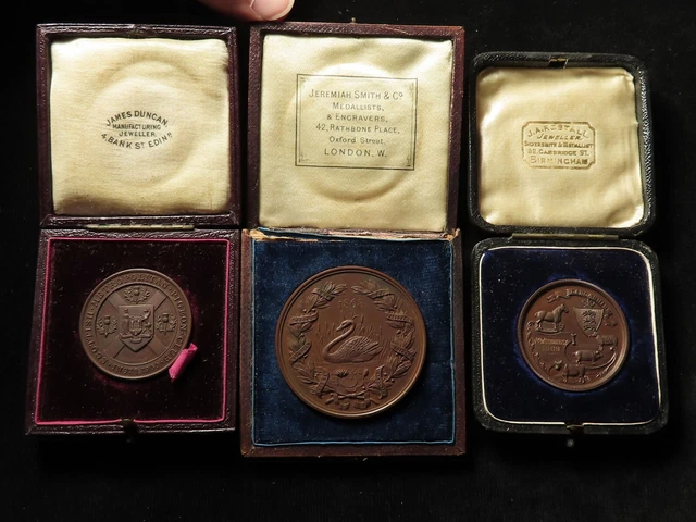 3x 19th-20thC Bronze Exhibition & Show Prizes 38-51mm (noted Swan)