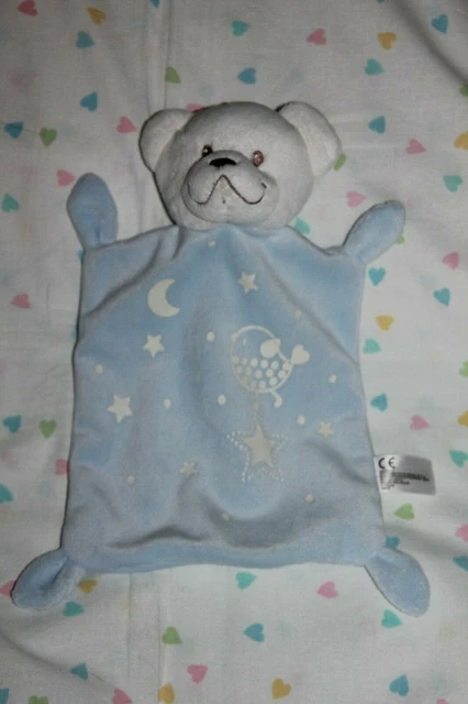 Doudou NICOTOY OURS PLAT BLANC BLEU ETOILE OISEAU LUNE  LUMINESCENT NEUF