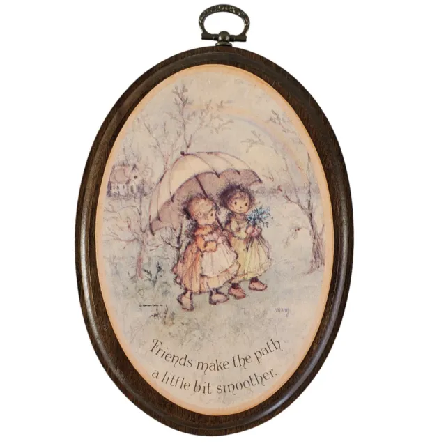 VTG Hallmark Mary Hamilton Oval Wood Wall Plaque Friends Girls Umbrella Rainbow