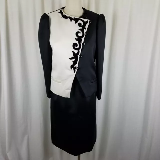 Vintage Mollie Parnis Designer Black Satin Embellished Skirt Suit Womens 8 80s