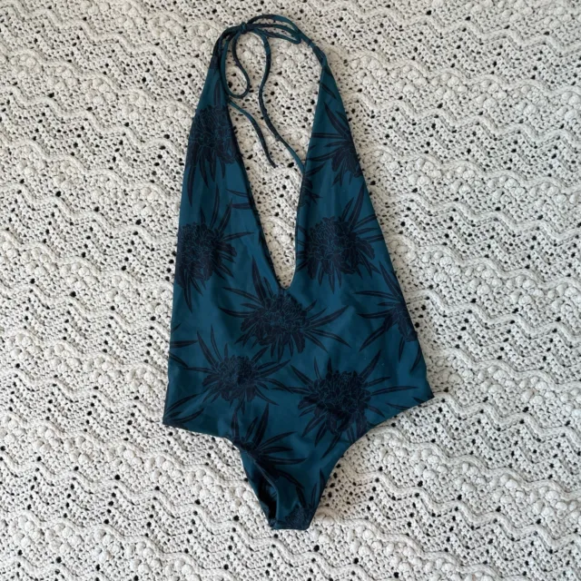 Mikoh Hinano Halter One Piece Swimsuit V Neck Protea Midnight Teal/Black (Small)