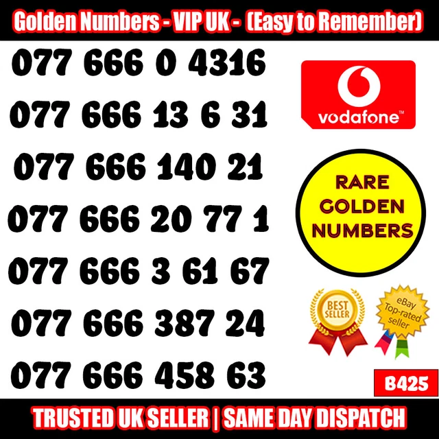 Golden Numbers VIP UK SIM - Easy to Remember & Memorize Numbers LOT - B425