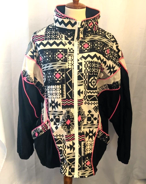 Vtg 90s 80s Windbreaker Track Jacket Nylon Color Black Pink Aztec Geometric XXL