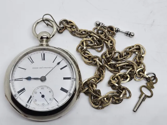 Antique Working 1880 ELGIN Model 1 Silver 11J Key Wind Pocket Watch with Chain