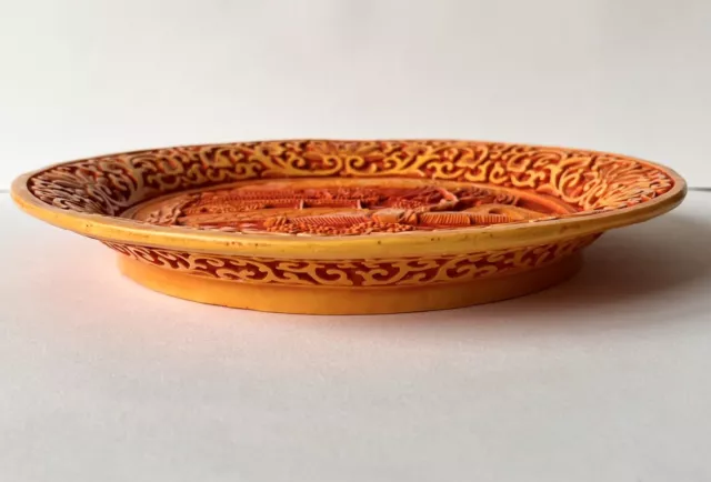 Chinese Cinnabar Carved Decretive Plate 10” Oriental Scene Yellow Red Signed 3