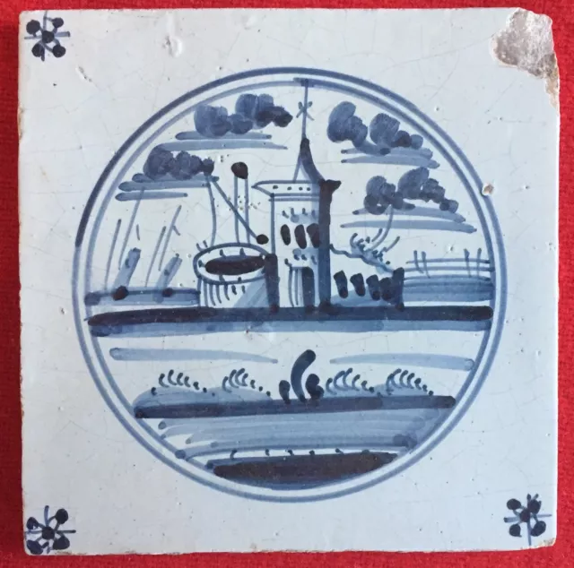 Antique 18th / 19th century Delft Tin Glazed Landscape Tile Blue & White Castle