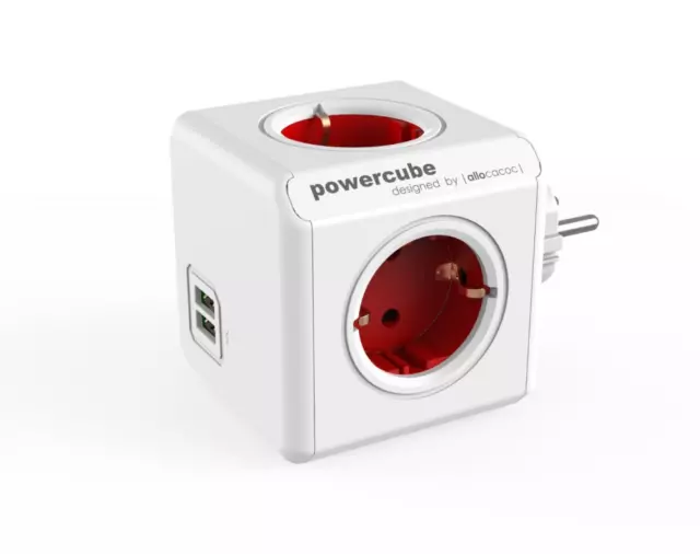 allocacoc PowerCube Duo USB Original Rot, Reiseadapter & 4x Steckdose und 2xUSB