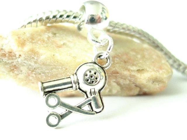 Cute 3D Silver Tone Hair Dryer Scissors Hair Stylist Dangle Charm fits Bracelets