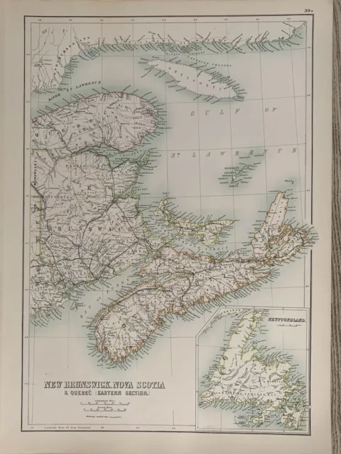 1897 New Brunswick Nova Scotia Newfoundland Antique Map A C Black 123 Years Old