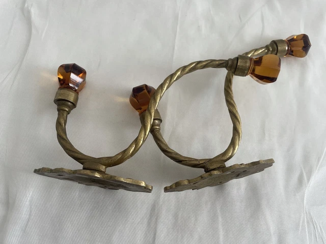 Pair 2 Antique Victorian Ornate Amber Glass Brass Hook Coat Hanger Wall Hardware 17
