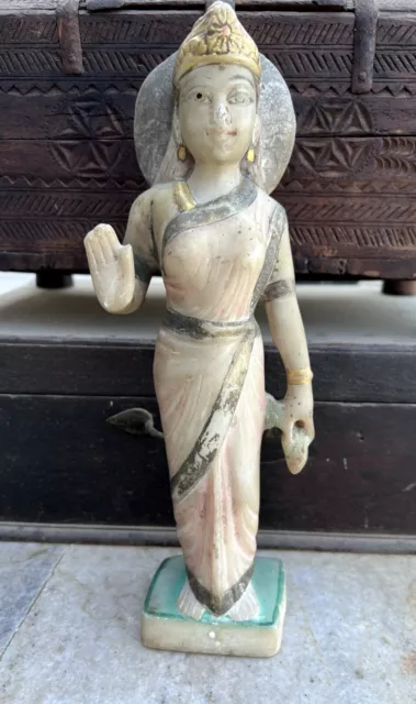 Antique Old Marble Stone Hand Carved Hindu Money Goddess Laxmi Statue Sculpture