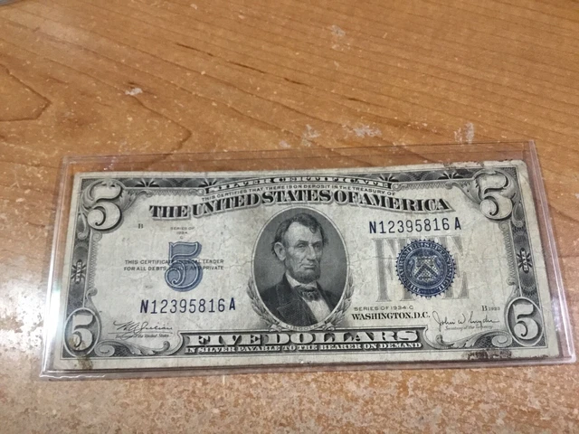 1934C $5-Silver Certificate Banknote-Blue Seal-5816 A