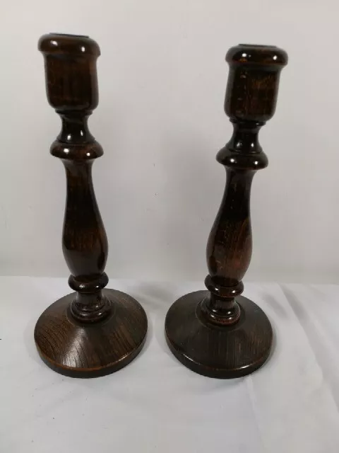 Pair of Vintage Wooden Turned Tall Candlesticks  25 cm Tall ID1040 B08