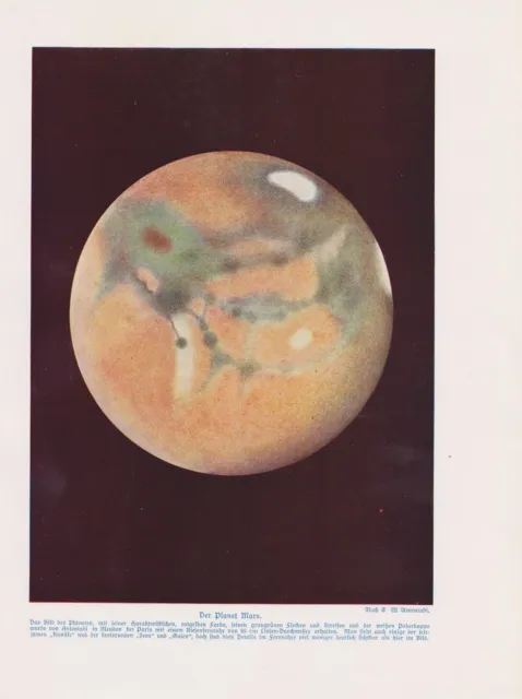 Mars Planet Planeten Sonnensystem  Farbdruck von 1912 Astronomie
