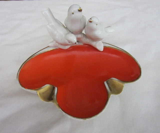 Gerold Porzellan Bavaria Red Trinket Dish Ashtray with White Birds & Gold Trim