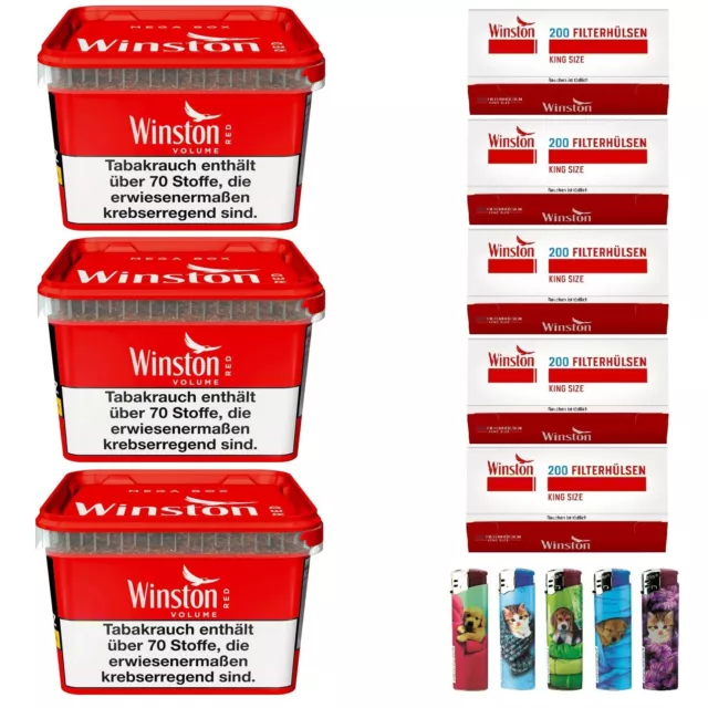 3x Winston Red 140g Mega Box Volumentabak Stopftabak + 1000 Hülsen + 5 Feuerzeug