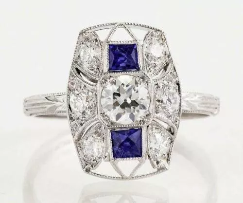Art Deco Style Simulated Diamond & Sapphire Victorian Engagement Ring 925 Silver
