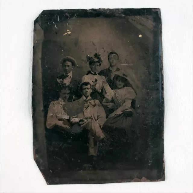 Tintype Photo Spooky Young People c1870 Antique 1/6 Plate Group Men Women A2768