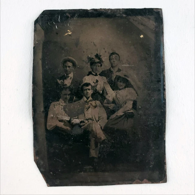 Tintype Photo Spooky Young People c1870 Antique 1/6 Plate Group Men Women A2768