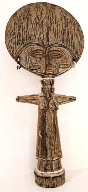 Female Fertility Statue Figure Hand Carved Wood 13" Tall Africa Beads